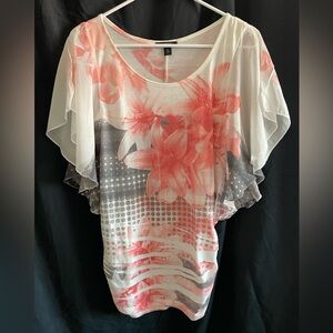 Espresso Coral Floral Flutter Sleeve Blouse